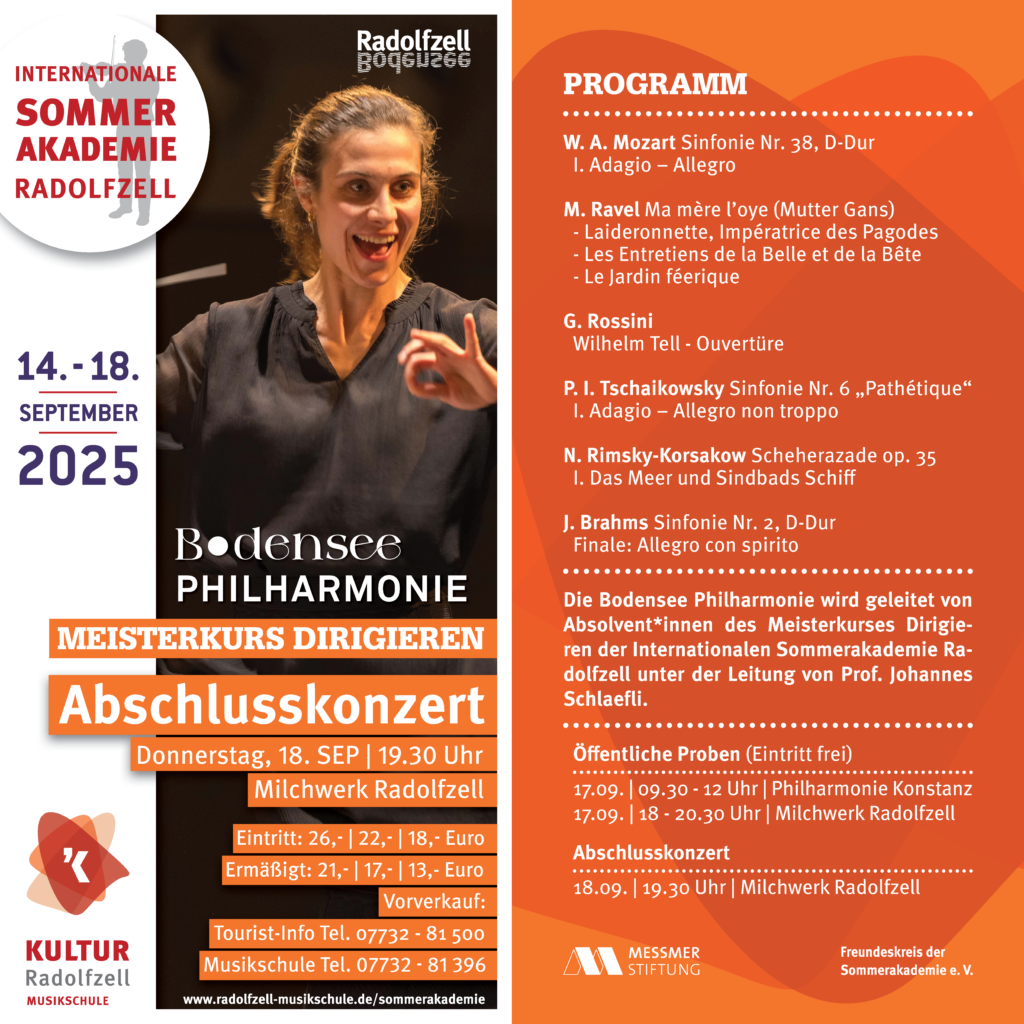 Flyer: Internationale Sommerakademie Radolfzell 2025. Dirigentin, Bodensee Philharmonie, Abschlusskonzert.
