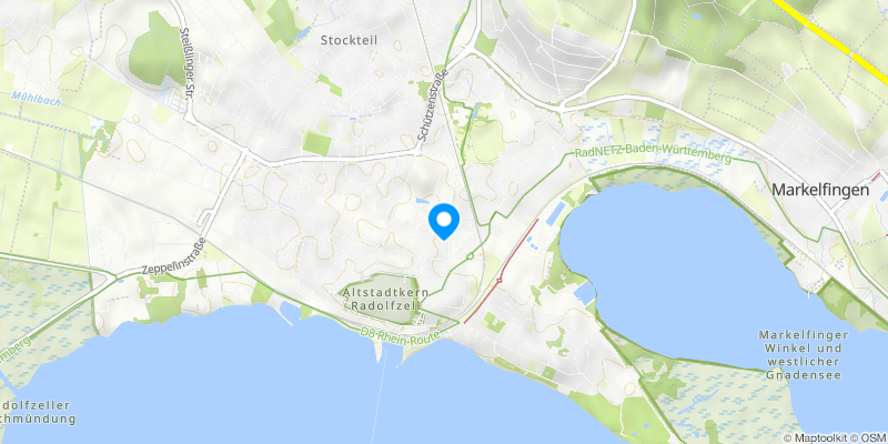 Karte von Radolfzell am Bodensee: Altstadt, Markelfingen, Radweg D8, Gnadensee. Ideal für Tourismus und Ausflüge.