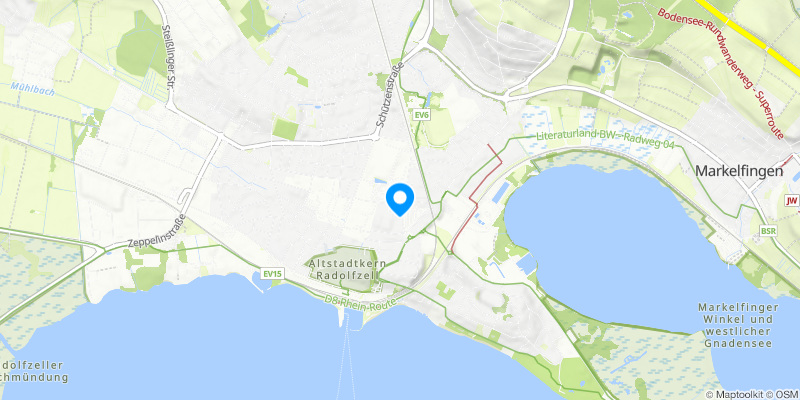 Karte von Radolfzell am Bodensee: Altstadtkern, Ufer, Radwege und Wanderwege. Ideal für Tourismus und Freizeitplanung.