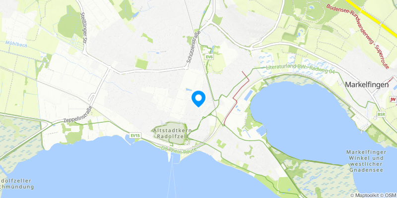 Karte von Radolfzell mit Bodensee, Radwegen und Wanderwegen. Ideal für Ausflüge und Tourenplanung in der Region, max 125 Zeichen